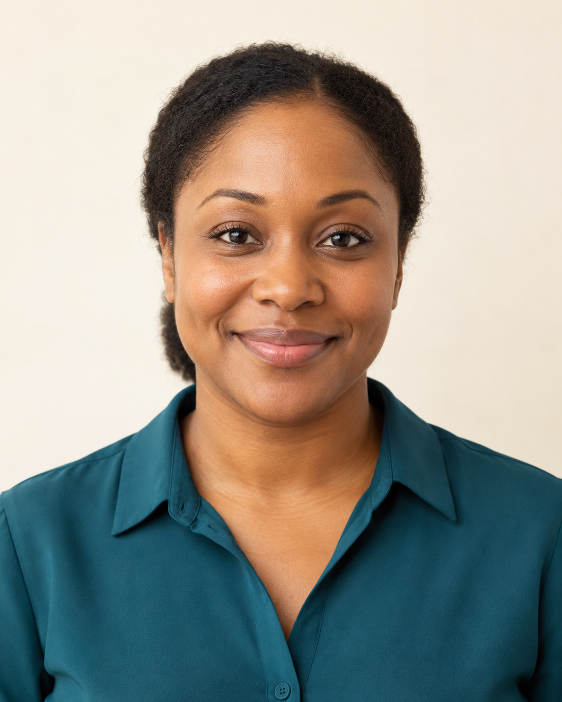 AI-generated portrait of a fictional female staff member